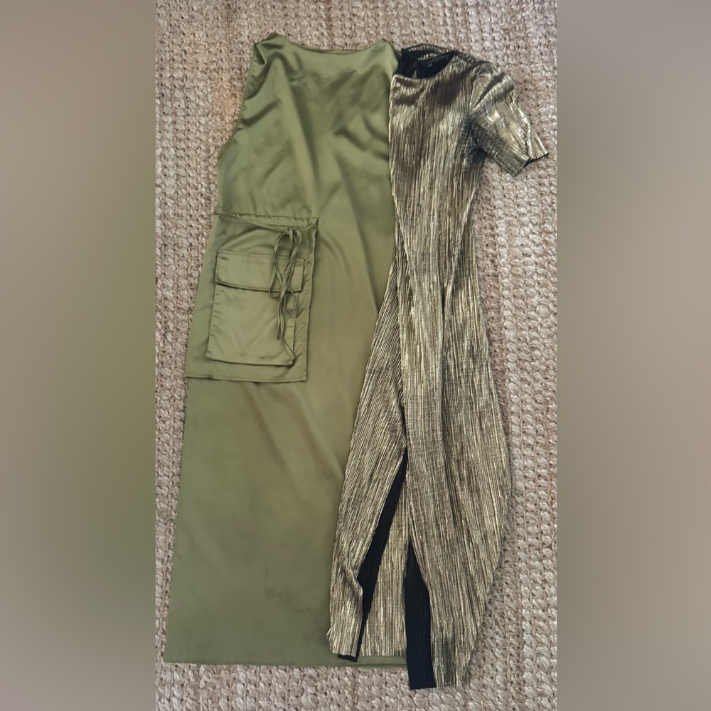 Zara Khaki Green Dress Side pocket Detail + gold & black foil Zara dress bundle